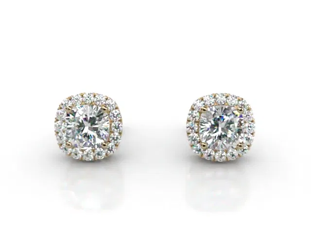 Halo Earrings<br />Cushion-Cut Diamonds<br />100% Recycled, Hallmarked 18ct. Yellow Gold Halo Earrings<br />Cushion-Cut Diamonds<br />100% Recycled, Hallmarked 18ct. Yellow Gold