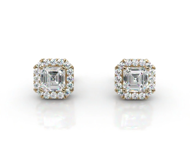 Halo Earrings Asscher-Cut Diamonds 100% Recycled, Hallmarked 18ct. Yellow Gold