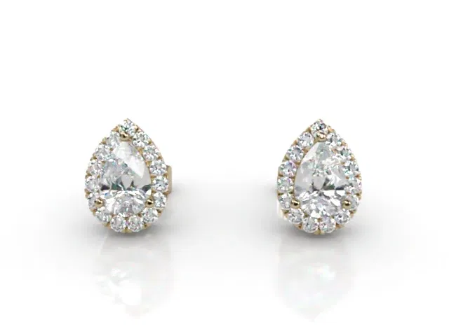 Halo Earrings<br />Pear-Shape Diamonds<br />100% Recycled, Hallmarked 18ct. Yellow Gold Halo Earrings<br />Pear-Shape Diamonds<br />100% Recycled, Hallmarked 18ct. Yellow Gold