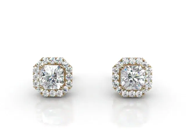 Halo Earrings<br />Radiant-Cut Diamonds<br />100% Recycled, Hallmarked 18ct. Yellow Gold Halo Earrings<br />Radiant-Cut Diamonds<br />100% Recycled, Hallmarked 18ct. Yellow Gold