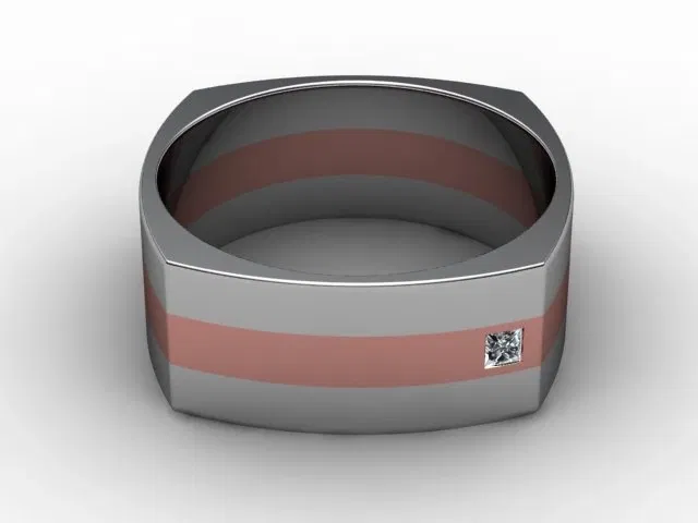 Bezel-Set Men's Ring<br />Princess-Cut Diamond<br />100% Recycled, Hallmarked 18ct. Rose and White Gold Bezel-Set Men's Ring<br />Princess-Cut Diamond<br />100% Recycled, Hallmarked 18ct. Rose and White Gold