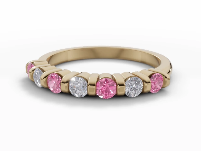 2.2mm. Wide Coloured Stone Pink Sapphire and Diamond Eternity Ring 100% Recycled, Hallmarked 18ct. Yellow Gold