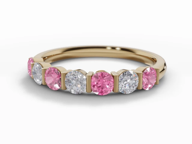 3.0mm. Wide Coloured Stone Pink Sapphire and Diamond Eternity Ring 100% Recycled, Hallmarked 18ct. Yellow Gold