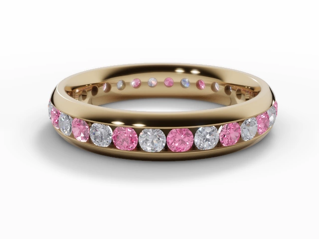 4.0mm. Wide Coloured Stone Pink Sapphire and Diamond Eternity Ring 100% Recycled, Hallmarked 18ct. Yellow Gold