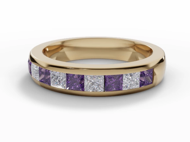 4.0mm. Wide Coloured Stone Amethyst and Diamond Eternity Ring 100% Recycled, Hallmarked 18ct. Yellow Gold