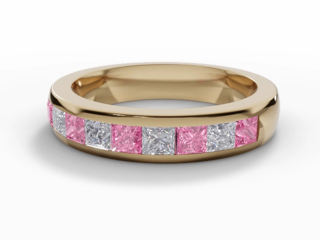 4.0mm. Wide Coloured Stone Pink Sapphire and Diamond Eternity Ring 100% Recycled, Hallmarked 18ct. Yellow Gold