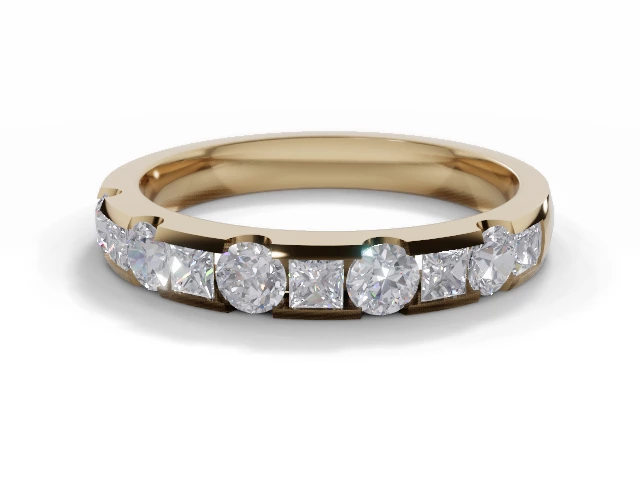 Narrow Semi-Set Wedding Ring Princess-Cut and Round Diamonds 100% Recycled, Hallmarked 18ct. Yellow Gold