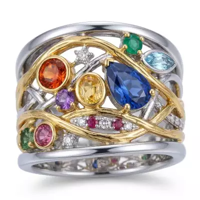 Multi-stone wide band redesign – recommissioned jewellery design featuring reused gemstones and precious metal