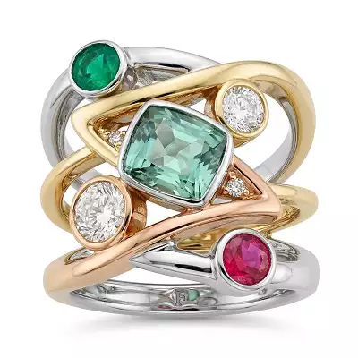 Layered gemstone statement ring – recommissioned jewellery design featuring reused gemstones and precious metal