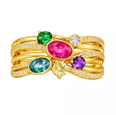 Ribbon-style dress ring – recommissioned jewellery design featuring reused gemstones and precious metal