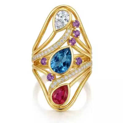 Elongated abstract cocktail ring – recommissioned jewellery design featuring reused gemstones and precious metal