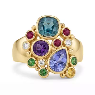 Cluster remodelling statement ring – recommissioned jewellery design featuring reused gemstones and precious metal