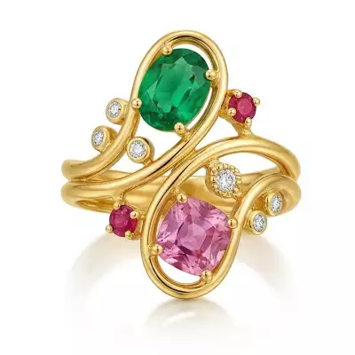 Toi et moi inspired crossover ring – recommissioned jewellery design featuring reused gemstones and precious metal