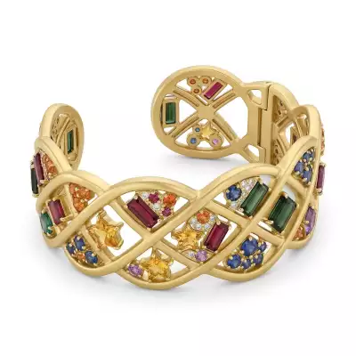 Woven open cuff bracelet – recommissioned jewellery design featuring reused gemstones and precious metal