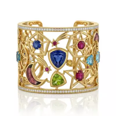 Wide celestial cuff bracelet – recommissioned jewellery design featuring reused gemstones and precious metal