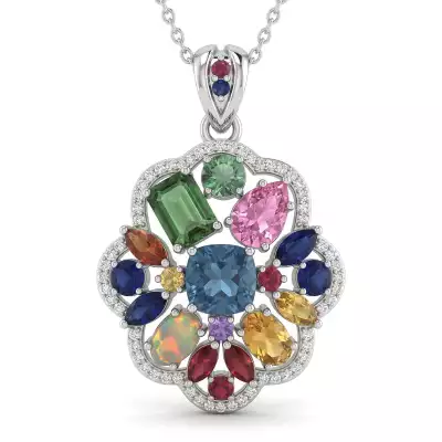 Floral cluster pendant redesign – recommissioned jewellery design featuring reused gemstones and precious metal