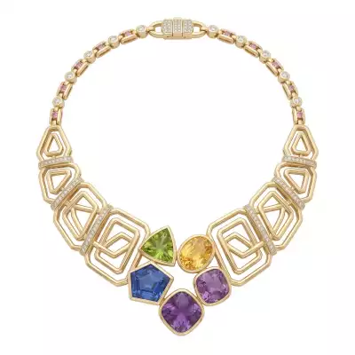 Geometric gemstone bib necklace – recommissioned jewellery design featuring reused gemstones and precious metal